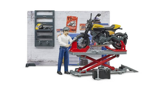 BRUDER 62102 Motodílna s figurkou mechanika a motorkou Ducati Scrambler