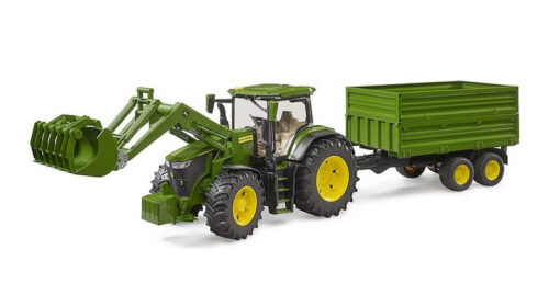 BRUDER 3155 traktor John Deere 7R 350 s čelným nakladačom a tandemovým prepravným prívesom